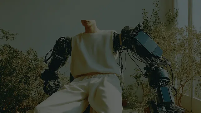 Person wearing a beige outfit seated with robotic mechanical arms in a sunlit room with plants in the background.